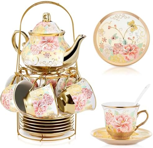 Zhehao 20 Pcs Porcelain Tea Set for Adult, with Metal Holder, Gorgeous by Zhehao