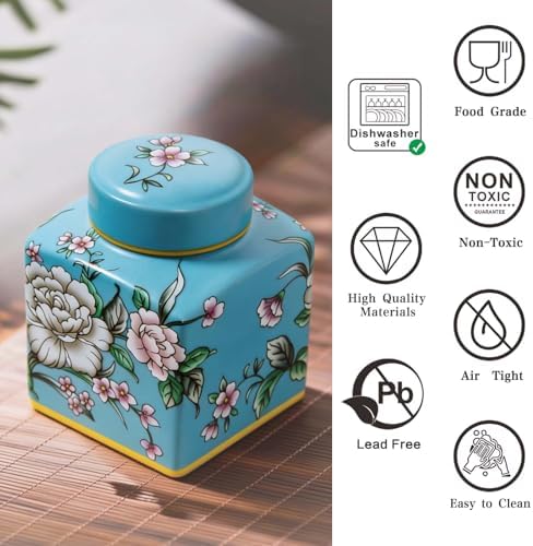 Coffee Bean Storage Canister with Airtight Lid, Decorative Ceramic Tea Jar with Vintage Floral Pattern, Sugar Container & Spice Jar for Kitchen Countertop or Cabinet - Peacock Blue & 30oz - Image 4