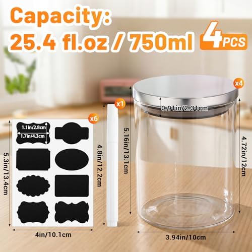 Round Glass Jars with Lids, 4 Pack 25 oz Glass Containers with Stainless Steel Lids, 750ml Clear Airtight Kitchen Pantry Storage Canisters for Sugar, Coffee, Tea, Candy, Cereal, Oat, Flour - Image 2