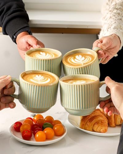 HASENSE Ceramic Coffee Mugs Set of 4 with Rack - 15 oz Stackable Large Porcelain Ribbed Latte Cup Set for Cappuccino, Tea, Hot Cocoa, Drinks - Dishwasher & Microwave Safe, Sage Green - Image 4