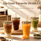 20oz Iced Coffee Cup, Ribbed Glass Tumbler with Straw and Lid - Image 2