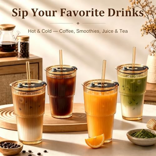 20oz Iced Coffee Cup, Ribbed Glass Tumbler with Straw and Lid - Image 2