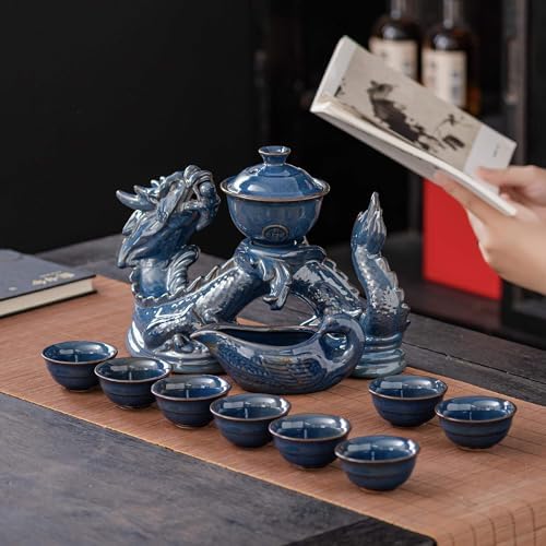 Zurucily Ceramic Teapot with Infuser Semi Automatic Tea Set Magic Teapot with 8 cups Gradient Color (Blue Dragon- A) - Image 5