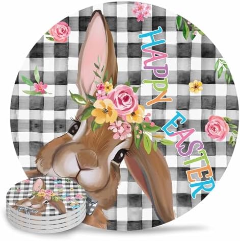 Coaster for Drinks 4 Pack,Happy Easter Watercolor Floral Bunny Absorbent Round Ceramic Stone with Cork Base,Spring Leaves on Black Plaid Drink Coaster Cup Mats for Home Dining Coffee Tables by ZFUNCING