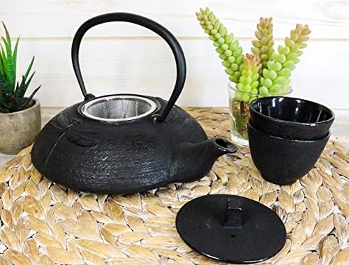 Ebros Gift Traditional Tetsubin Feng Shui Black Tombo Dragonfly Engraved Heavy Cast Iron Tea Pot And Cups Set Serves 2 Home Decor Zen Asian Fusion And Housewarming Accent Decorative Teapots - Image 2