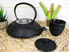 Ebros Gift Traditional Tetsubin Feng Shui Black Tombo Dragonfly Engraved Heavy Cast Iron Tea Pot And Cups Set Serves 2 Home Decor Zen Asian Fusion And Housewarming Accent Decorative Teapots - Image 2