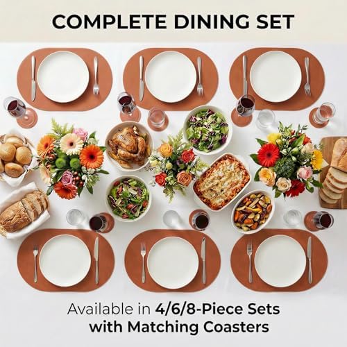 Premium Oval Faux Leather Placemat & Coaster Set with Innovative Cork-Look Printed Base，4/6/8-Piece Sets & 8 Colors，Non-Slip Dining Table Mats for Kitchen Dining - Image 7