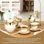 20 Pcs Porcelain Tea Set with Metal Holder and Spoon, European Ceramic Tea Set for Adults, European Flower Painting Teapot Cup Saucer Spoon Set for 6, 1000ML Gift Pack(White) - Image 3