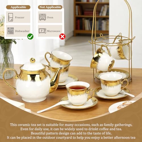 20 Pcs Porcelain Tea Set with Metal Holder and Spoon, European Ceramic Tea Set for Adults, European Flower Painting Teapot Cup Saucer Spoon Set for 6, 1000ML Gift Pack(White) - Image 3