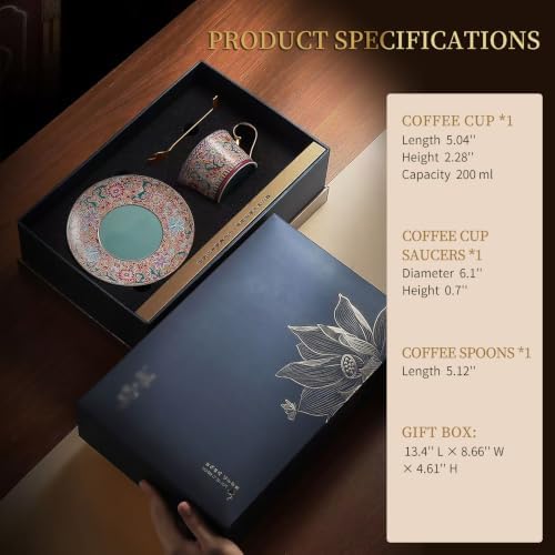 6.8oz Single Coffee Cup Set Hand Painted Saucer Spoon Gift Kit - Image 3