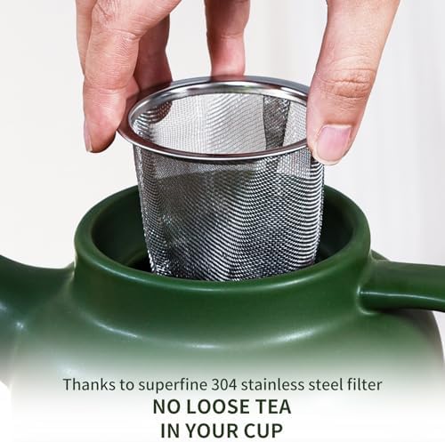 Yundu 1500ml / 50 oz Ceramic Teapot with Infuser & Wood Lid - Matte Green, Loose Leaf Tea Pot with Removable Strainer, Large Capacity - Image 4
