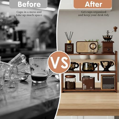 Coffee Cup Holder for Countertop Walnut Wood Coffee Mugs Holder for Kitchen Mug Display Rack (3-Tier Walnut wood B) - Image 5