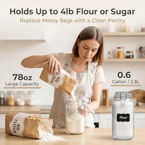 78oz Large Square Airtight Glass Jars with Lids, Wide Mouth Food Storage Canisters, Hold 4lb Sugar or 5lb Rice, Heavy Duty Pantry Containers for Flour, Coffee, Bulk Storage - Image 2