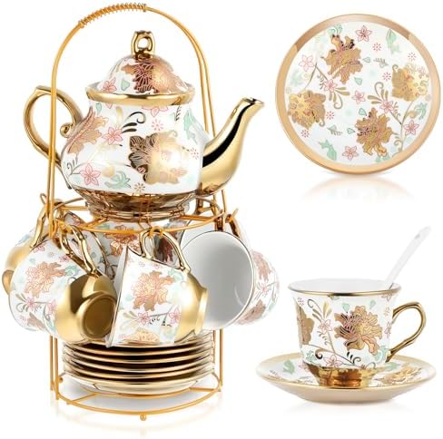 Zhehao 20 Pcs Porcelain Tea Set for Adult, with Metal Holder, Elegant by Zhehao