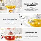 DUJUST 21 pcs Small Tea Set of 6, Gray Marble Texture with Handcraft Golden Trim, Fine Porcelain Tea pot Set for Kids&Adults, 1 Glass Teapot(22oz), 6 Cups(4oz), 6 Saucers, 6 Spoons, 1 Shelf&1 Warmer… - Image 3