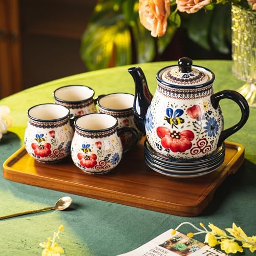 polish pottery style porcelain ceramic 10 piece Tea set,7.2oz tea cup and sauce set of 4,28.2oz teapot and 1wooden tray (Honey Bee Flower) - Image 5