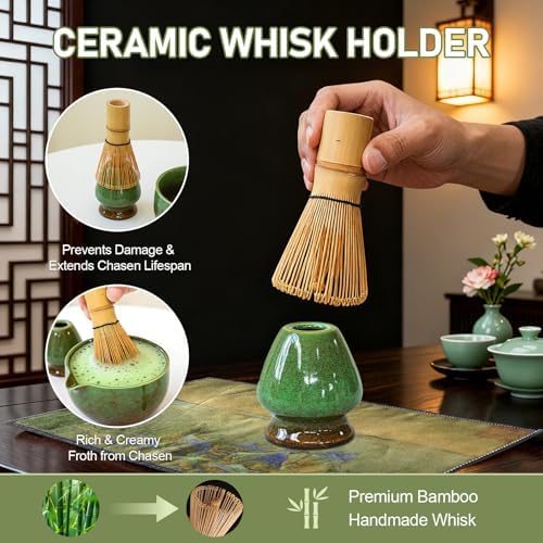 7-Piece Japanese Matcha Whisk Set - Ceramic Bowl, 100-Prong Wooden Chasen, Stainless Steel Sifter, Scoop, Whisk Holder, Tea Towel - Green, Size 24 - Image 4