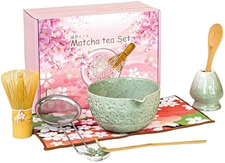 Garvee Premium Matcha Whisk Set, Complete 8-Piece Matcha Kit with Ceramic Bowl, Bamboo Whisk, Scoop, Sifter, Holder & Tea Towel – Complete Matcha Set Kit for Beginners and Enthusiasts (Mottled Green) by Garvee