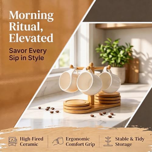 Espresso Cups Set of 4, 8.45 oz Ceramic Coffee Cups with Saucers & Wooden Stand, Microwave & Dishwasher Safe Cappuccino Tea Cups, Coffee Accessories for Espresso Machine - Image 5