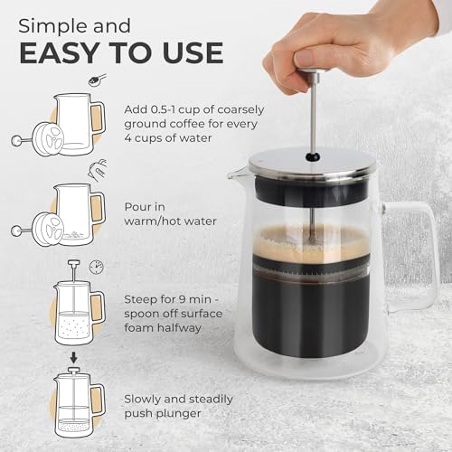 Kaffe Glass French Press Coffee Maker (27oz / 0.8L) - Double-Wall Insulated Borosilicate Glass Coffee Press - Travel & Camping - Homemade French Press Coffee - Image 2