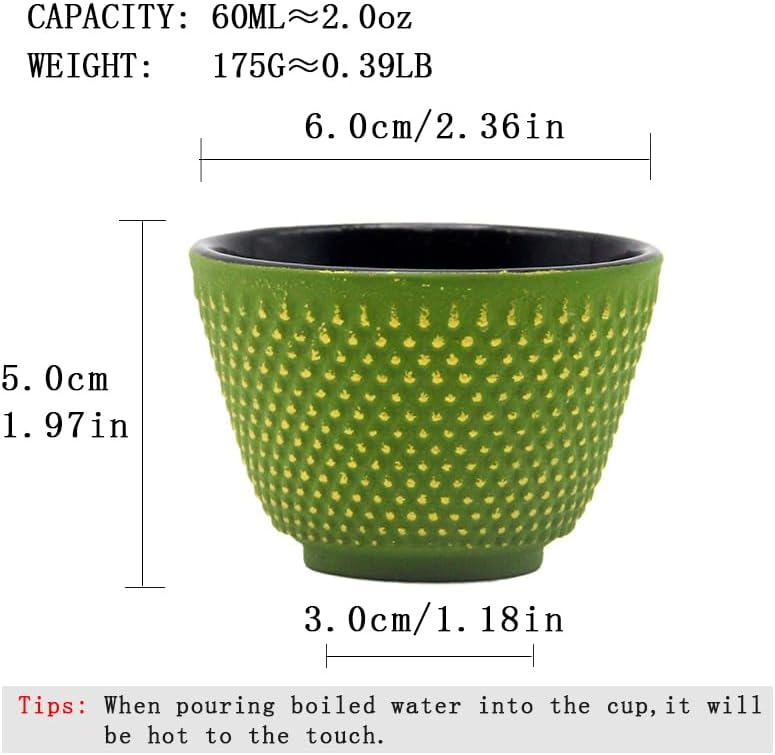 Japanese Cast Iron Tea Cups, Small and Heavy Teacups with no Handles, Japanese Style Cup for Adults, Asian Teacups, Coated with Enameled Interior, 4 Pcs/Box (Green, 2oz/60ml) - Image 6