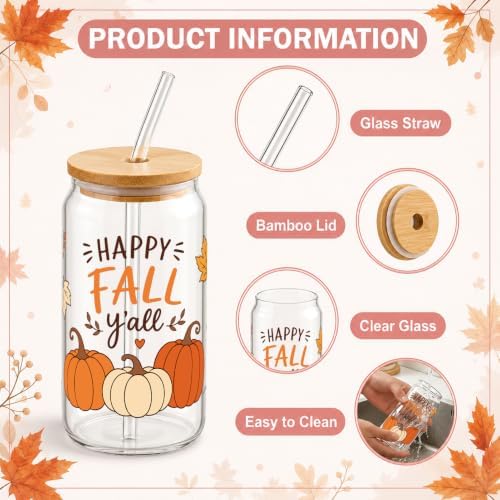 Fall Glass Cups with Lids and Straws, 6 Pack, 16oz, Happy Fall - Image 3