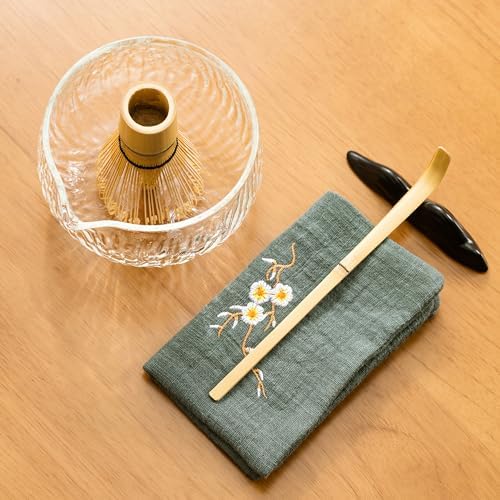 DWEHIXBUY Japanese Tea Set (7pcs) Matcha Whisk Set Matcha Bowl with Pouring Spout Bamboo Matcha Whisk (chasen) Scoop (chashaku) Matcha Whisk Holder Tea Making Kit. WHITE GLASS - Image 7