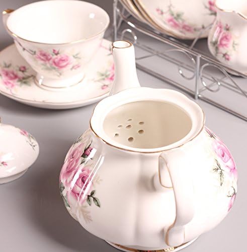 15 Piece European China Coffee Cup Set, Ceramic Porcelain Tea Cup Set with Metal Holder, Tea Gift Sets, Pink Camellia Painting … - Image 5