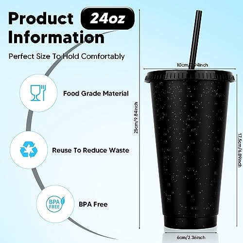 24 Pack Plastic Tumblers with Lids and Straw, Reusable Cups with Lids and Straws Colorful Cups for Cold Drink Iced Coffee, Plastic Tumbler Bulk for Party Birthday Gifts (24 oz, Black) - Image 3