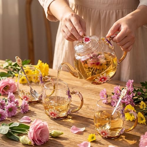 Maxdot 5 Pcs Floral Glass Tea Set, 51 oz Daisy Teapot with Infuser - Image 4