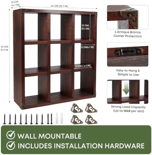9 Slot Coffee Mug Display Rack - 17in Wall Mounted(Rustic Walnut) - Image 3