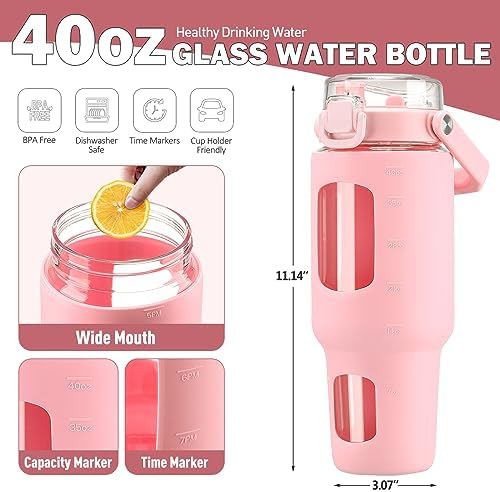 BLUEGO 40oz Glass Tumbler with Lid and Straw, Glass Water Bottles with Handle, Glass Cup with Time Marker and Silicone Sleeve, Fits Most Cup Holder, Leak-proof, Pink - Image 4