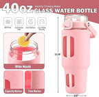 BLUEGO 40oz Glass Tumbler with Lid and Straw, Glass Water Bottles with Handle, Glass Cup with Time Marker and Silicone Sleeve, Fits Most Cup Holder, Leak-proof, Pink - Image 4