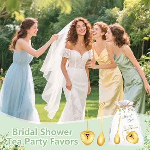 30 Sets Bridal Shower Tea Party Favor for Guests Leaf Tea Spoon Heart Tea Infuser for Loose Leaf Tea Steeper with Thank You Card Organza Bags for Wedding Gift Souvenirs Decoration (30, Gold) - Image 7