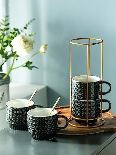 LYEOBOH Stackable Coffee Mugs Set of 4 with Rack & Spoons Coffee Mug Set 13 OZ., Ceramic Embossed Grinding Demitasse Cups Set Cappuccino Cup Halloween for Coffee, Latte, Macchiato, Espresso, Black - Image 5