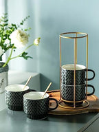 LYEOBOH Stackable Coffee Mugs Set of 4 with Rack & Spoons Coffee Mug Set 13 OZ., Ceramic Embossed Grinding Demitasse Cups Set Cappuccino Cup Halloween for Coffee, Latte, Macchiato, Espresso, Black - Image 5