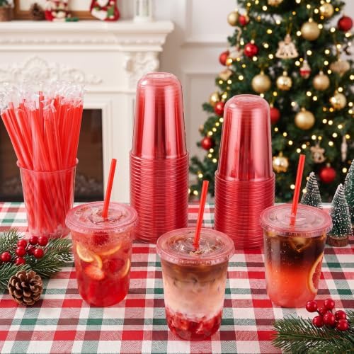 tchrules 100Pcs 16oz Red Plastic Disposable Party Cups with Lids and Straws - Image 4
