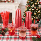 tchrules 100Pcs 16oz Red Plastic Disposable Party Cups with Lids and Straws - Image 4