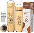 Personalized Gifts 15 oz Tea Tumbler Laser Engraving Bamboo Water Bottle Custom Name Birth Month Flower Gift for Mom, Birthday Gifts, Family Christmas Gift by UPFLICK