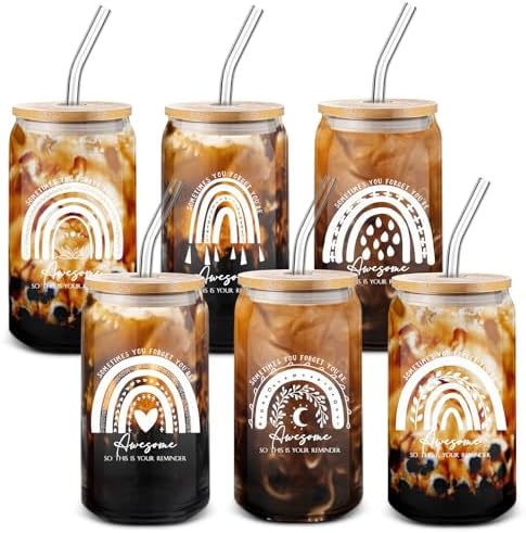 Uiifan 6 Pcs Rainbow 16oz Glass Cups Bamboo Lids Straws Appreciation Gift by Uiifan
