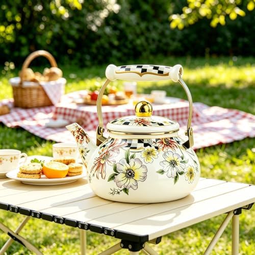 Floral Enamel Tea Kettle Bohemian Vintage Teapot Hot Water Coffee Kettle Pot 2.5L Porcelain Beige Colorful Rustic Tea Pot for Stovetop Hot Water Kitchen Decor - Image 6