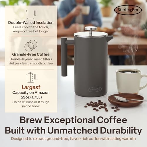 SterlingPro 1.75 L 59 oz Grey Extra Large French Press Coffee Maker and 2 Pack Replacement Screens Bundle Stainless Steel Double Wall Insulated for Tea and Coffee - Image 3