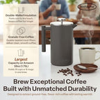 SterlingPro 1.75 L 59 oz Grey Extra Large French Press Coffee Maker and 2 Pack Replacement Screens Bundle Stainless Steel Double Wall Insulated for Tea and Coffee - Image 3