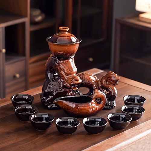 Ceramic Teapot with Infuser Semi Automatic Tea Set Magic Teapot with 8 cups Gradient Color (Yellow Dragon- C) by zurucily
