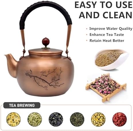 44oz Handmade Pure Copper Teapot without Coating, SECHUDO Tea Kettle with Tea Ball for Loose Tea, Japanese Style Classic Tea Pot for Stovetop Safe, Plum Blossom Pattern(1300ml) - Image 3