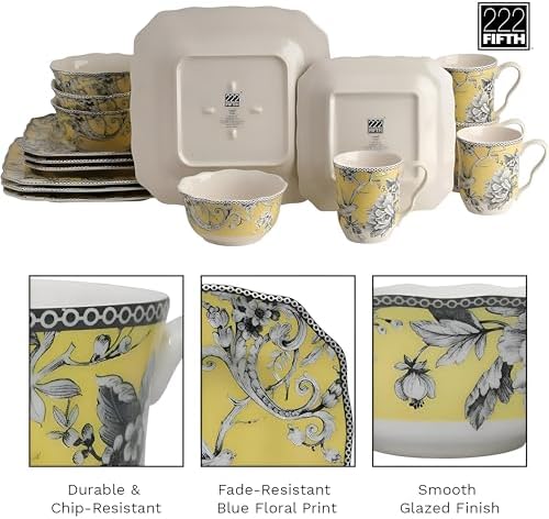 222 Fifth Adelaide Yellow 16-Piece Floral Porcelain Dinnerware Set | Microwave and Dishwasher Safe Dining Set for 4 | Stackable & Chip-Resistant Plates Bowls and Cups | Gift for Housewarming & Wedding - Image 5