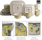 222 Fifth Adelaide Yellow 16-Piece Floral Porcelain Dinnerware Set | Microwave and Dishwasher Safe Dining Set for 4 | Stackable & Chip-Resistant Plates Bowls and Cups | Gift for Housewarming & Wedding - Image 5