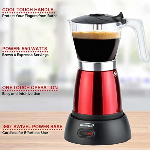 Brentwood TS-119R 550-Watt Cordless Electric Moka Pot Espresso Machine, 6-Servings (Red) - Image 6