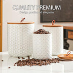 JOJUNO White Embossed Ceramic Canister 3 Piece with Airtight Bamboo Lid - Image 5