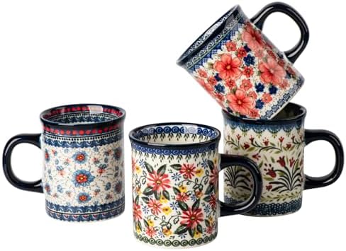 Ceramic Latte Mug Set of 4, 15.5oz Hand Painted Porcelain Coffee Cups With Handle for Tea/Milk/Cocoa - Modern Retro Design For Any Kitchen. Microwave and Dishwash Safe (Assorted Colors) by ONECCI